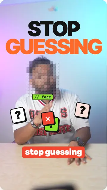 Storyboard frame: STOP GUESSING with question-mark stickers popping from the hands