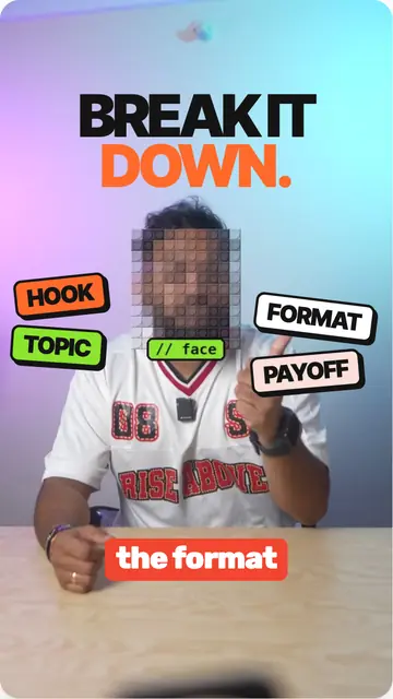 Storyboard frame: BREAK IT DOWN with hook, topic, format and payoff tags