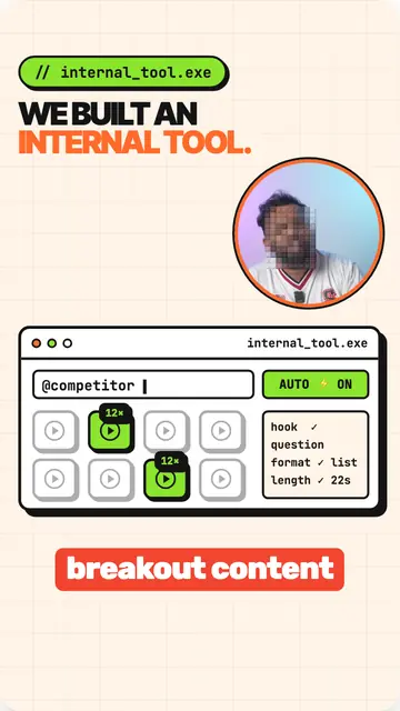 Storyboard frame: The internal tool scanning a competitor's posts, speaker in a corner circle